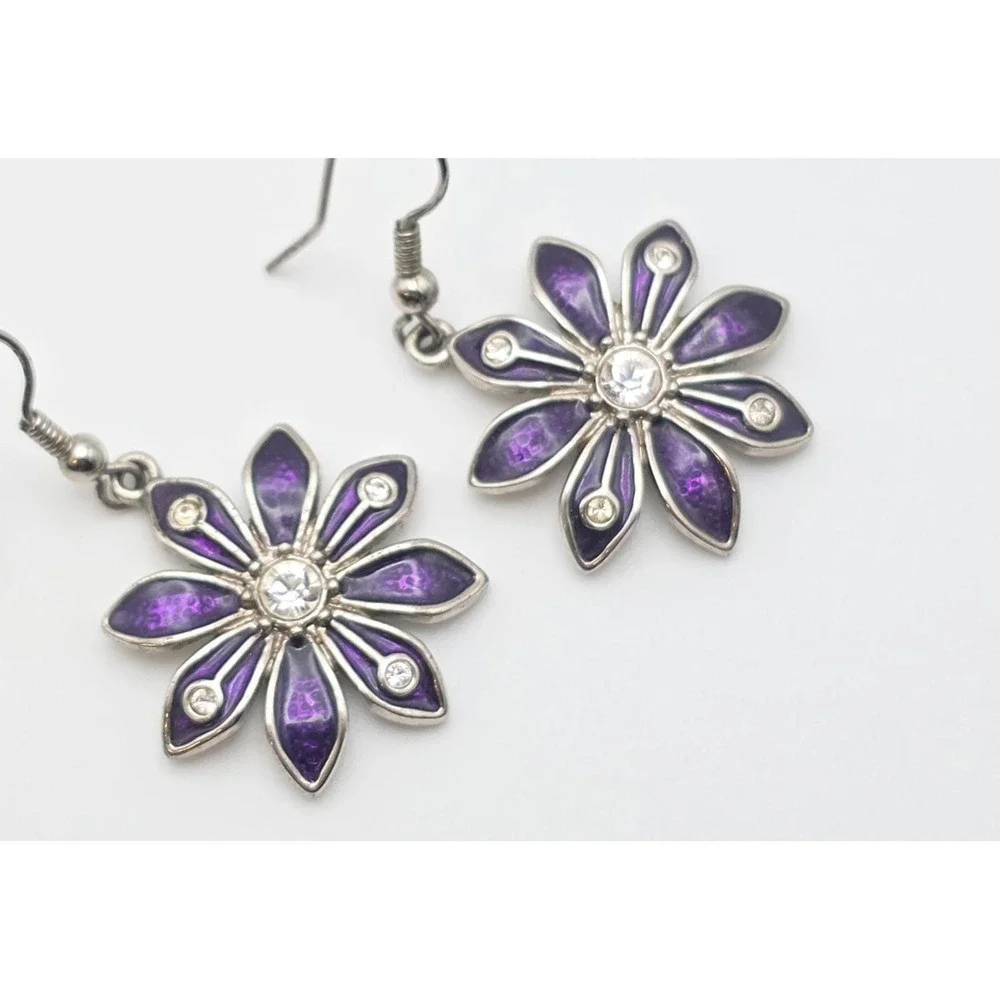 Signed C Earrings Purple Enamel Flower Clear Crystal Accents Dangle Silver‎ Tone
